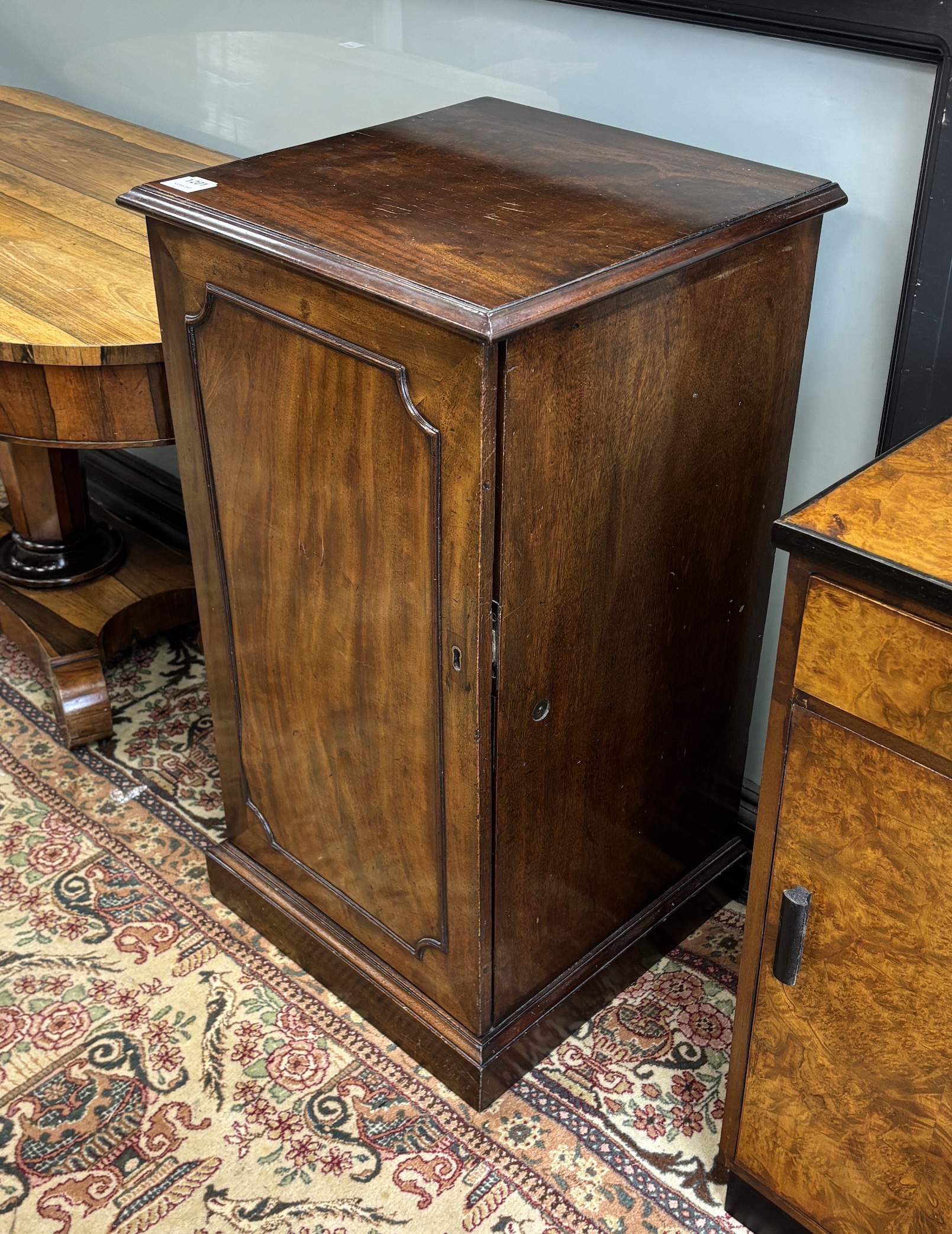 A pair of George III and later mahogany square bedside cupboards, width 46cm, height 85cm